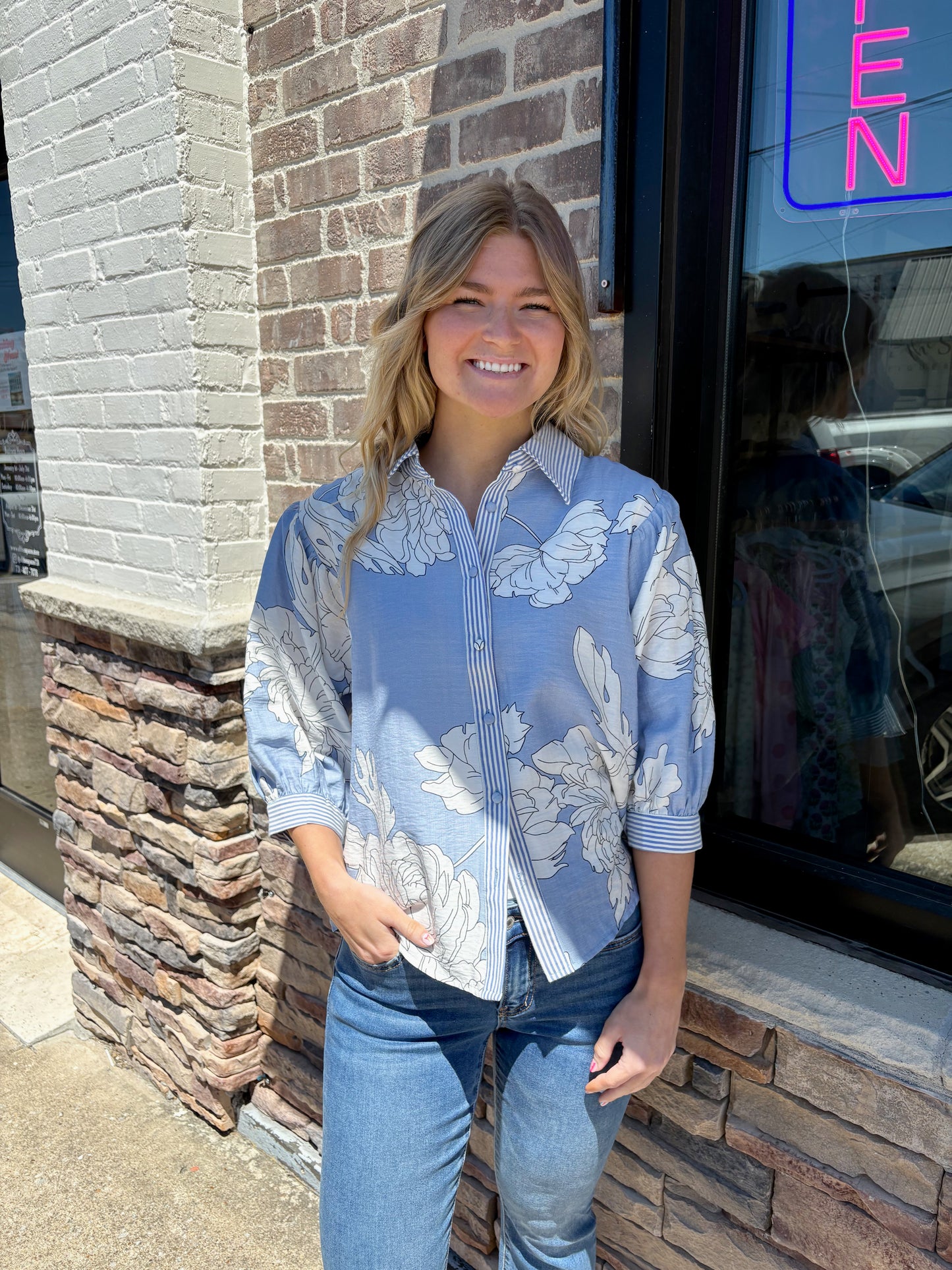 Blue Floral Bell Blouse