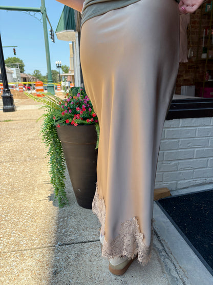 Lace Applique Satin Midi Skirt