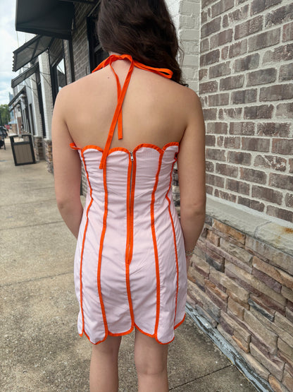 Orange Stripe Scalloped Halter Tie Midi Dress