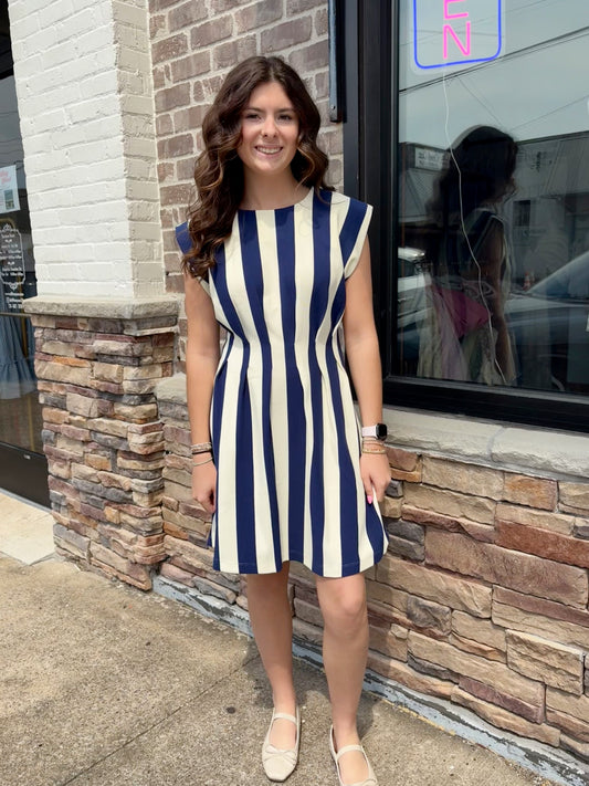 Navy Stripe Round Neck Pleated Mini Dress