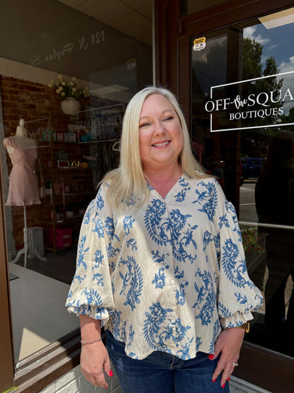 Button Down Blouse w Balloon Sleeve Plus