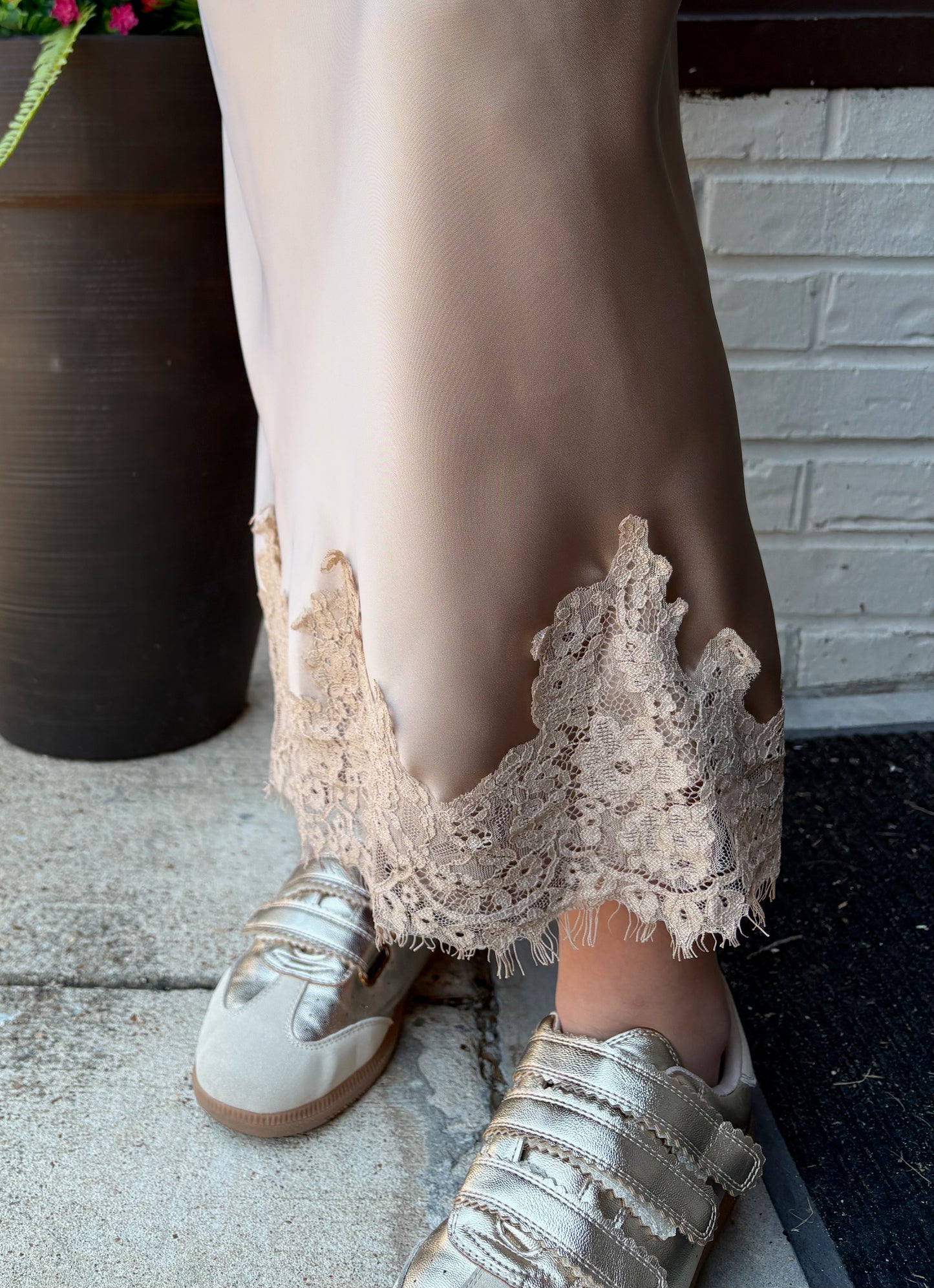Lace Applique Satin Midi Skirt