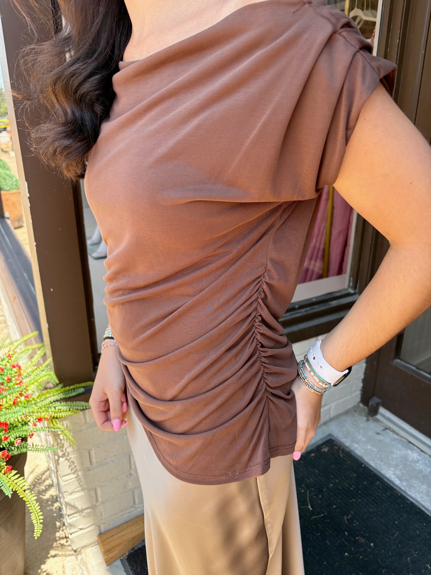 Boat Neck Cap Sleeve Asymmetric Top