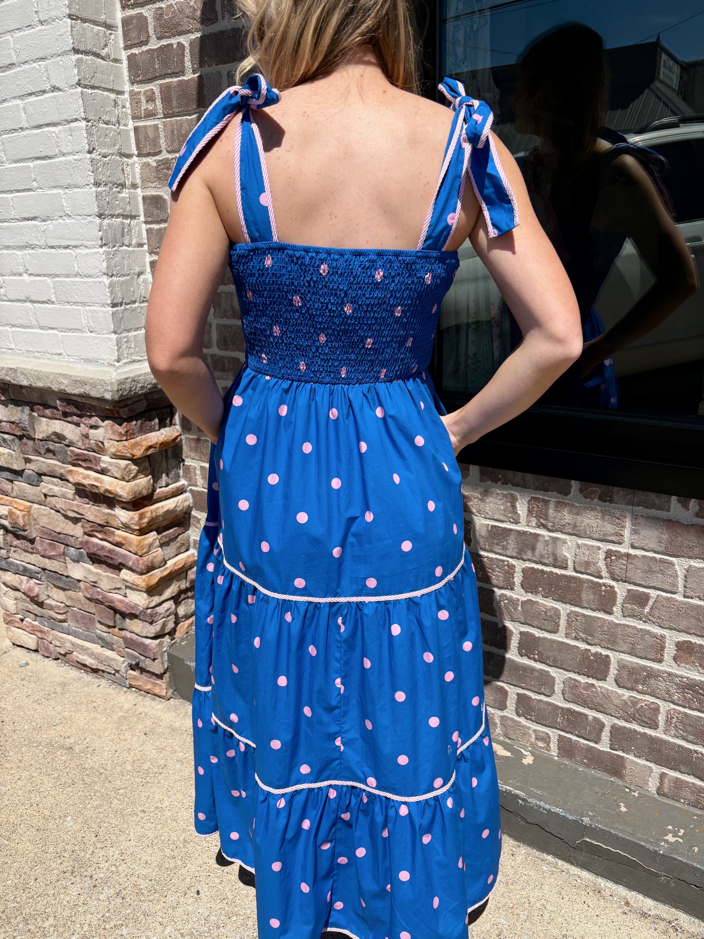Blue Strap Dress w Pink Polkadots