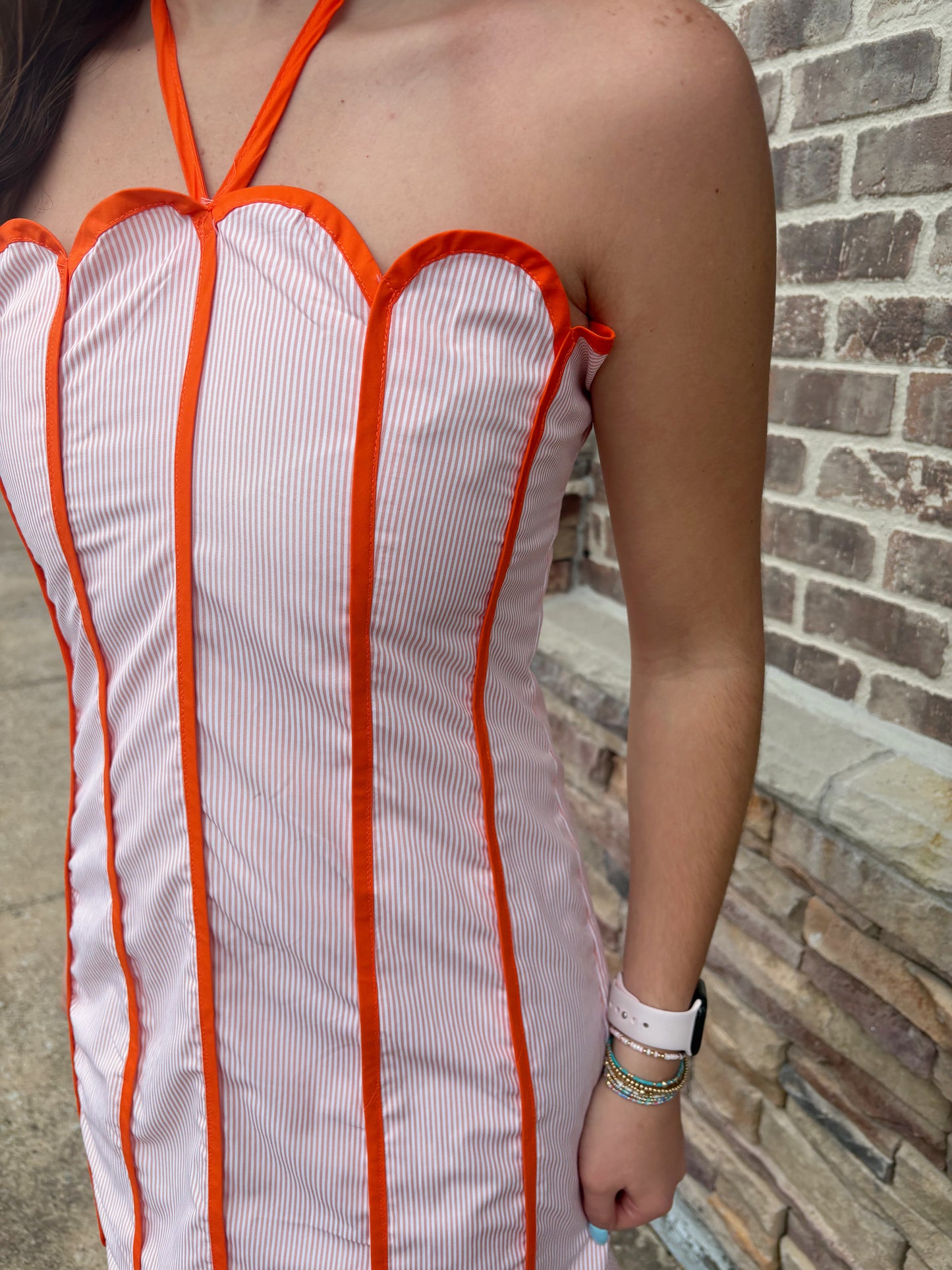 Orange Stripe Scalloped Halter Tie Midi Dress