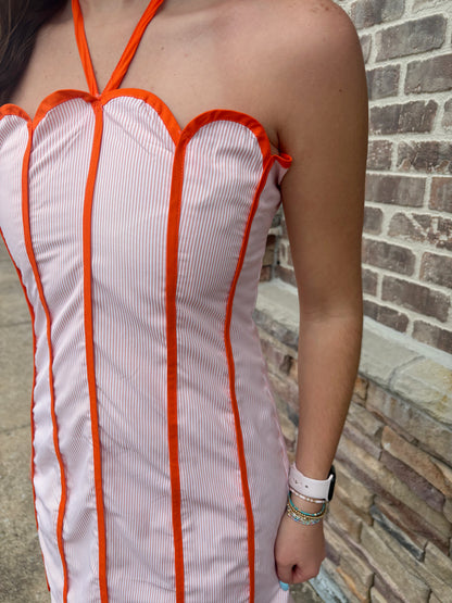 Orange Stripe Scalloped Halter Tie Midi Dress