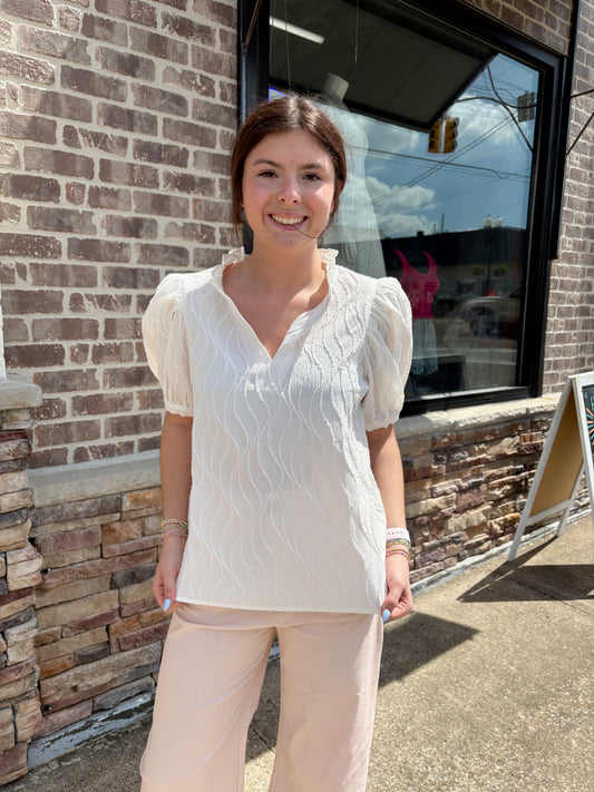 Ruffle V Neck Puff Sleeve Top