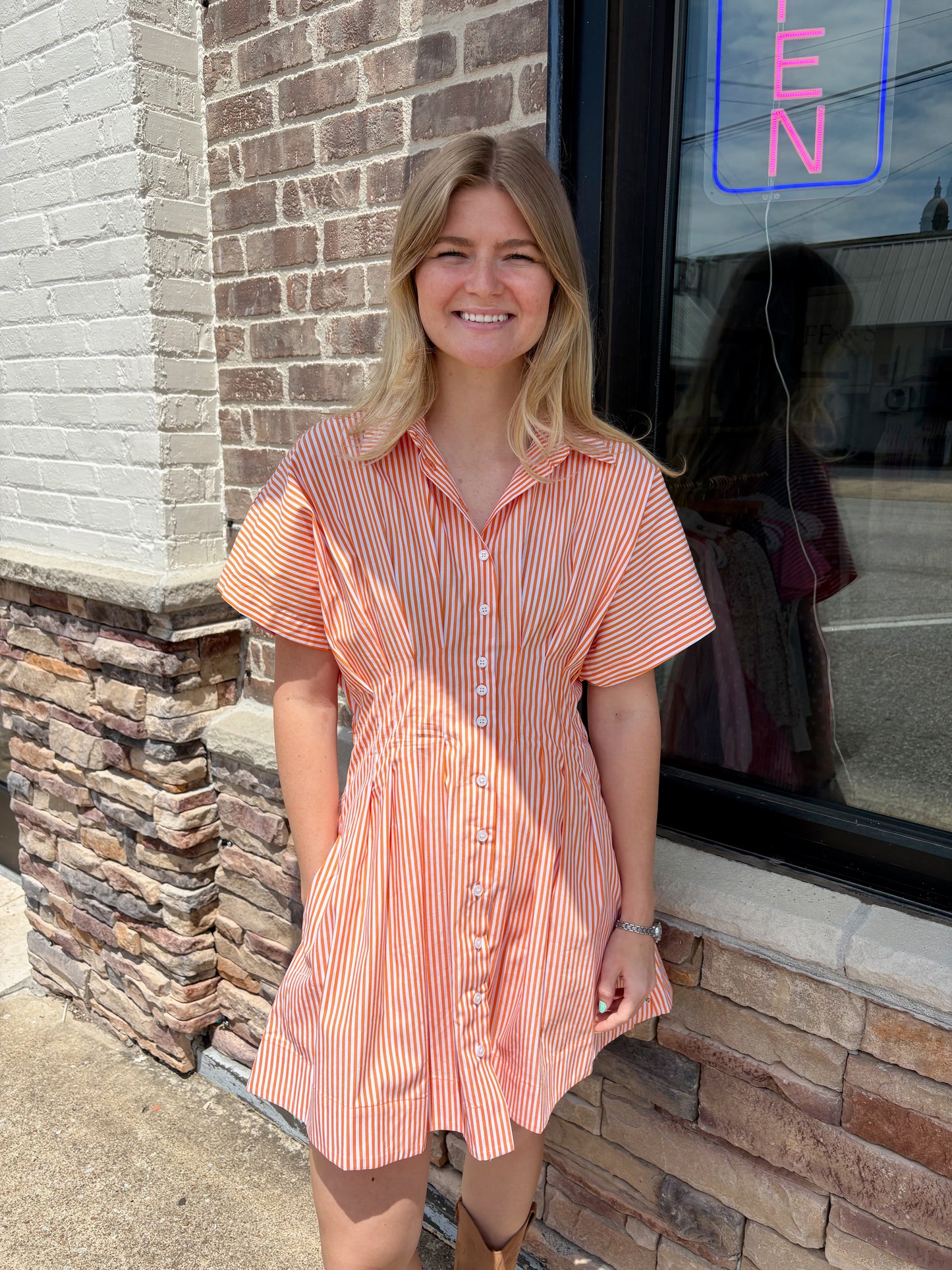 Orange Pleated Shirt Dress