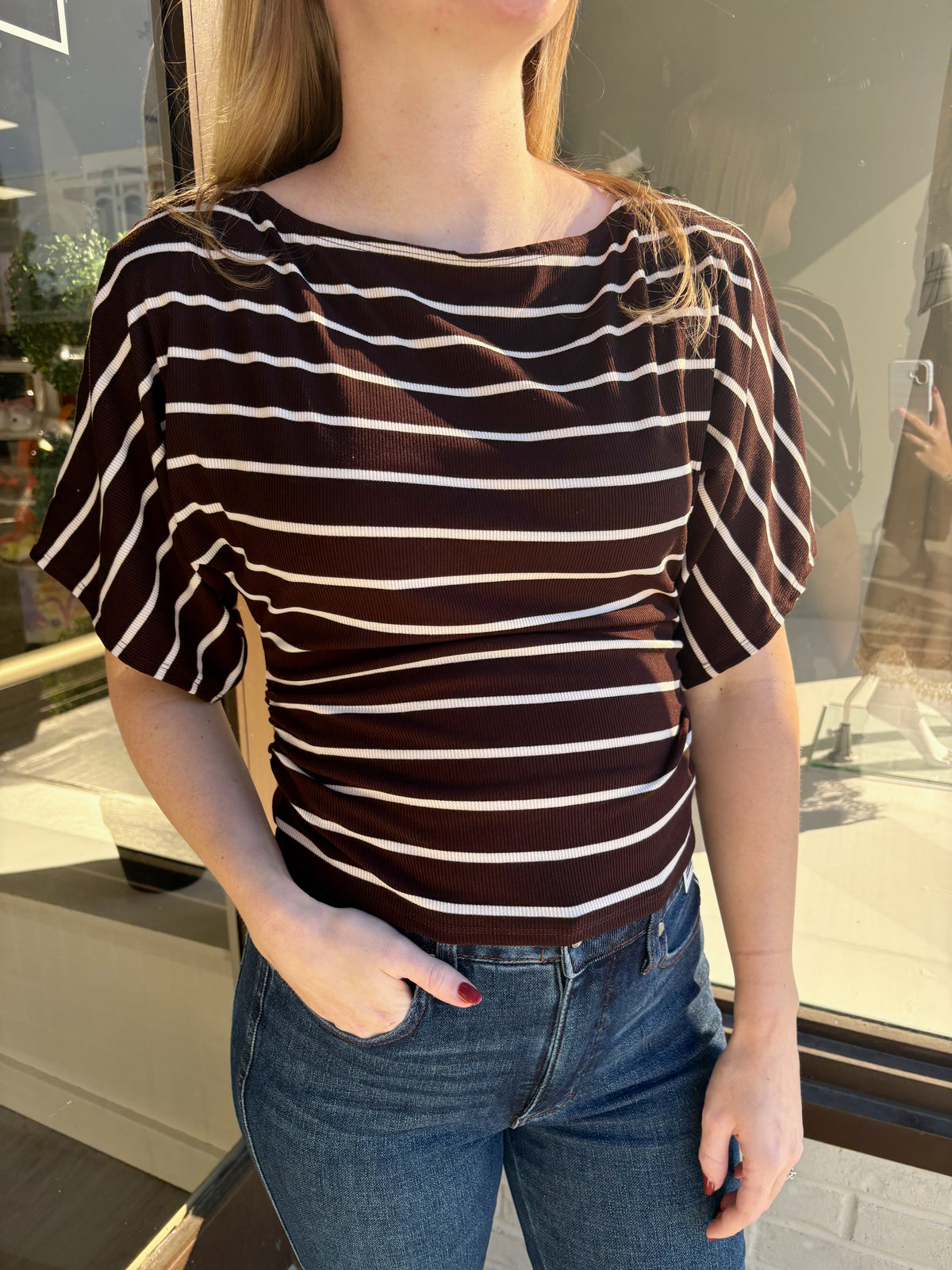 Boat Neck Kimono Ruched Stripe Top