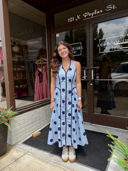 Halter Neck Blue Polka Dot Dress
