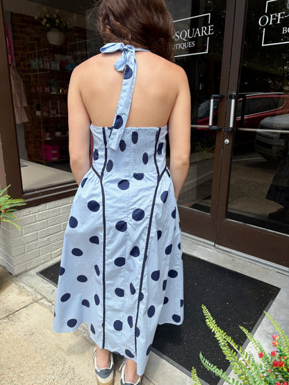 Halter Neck Blue Polka Dot Dress
