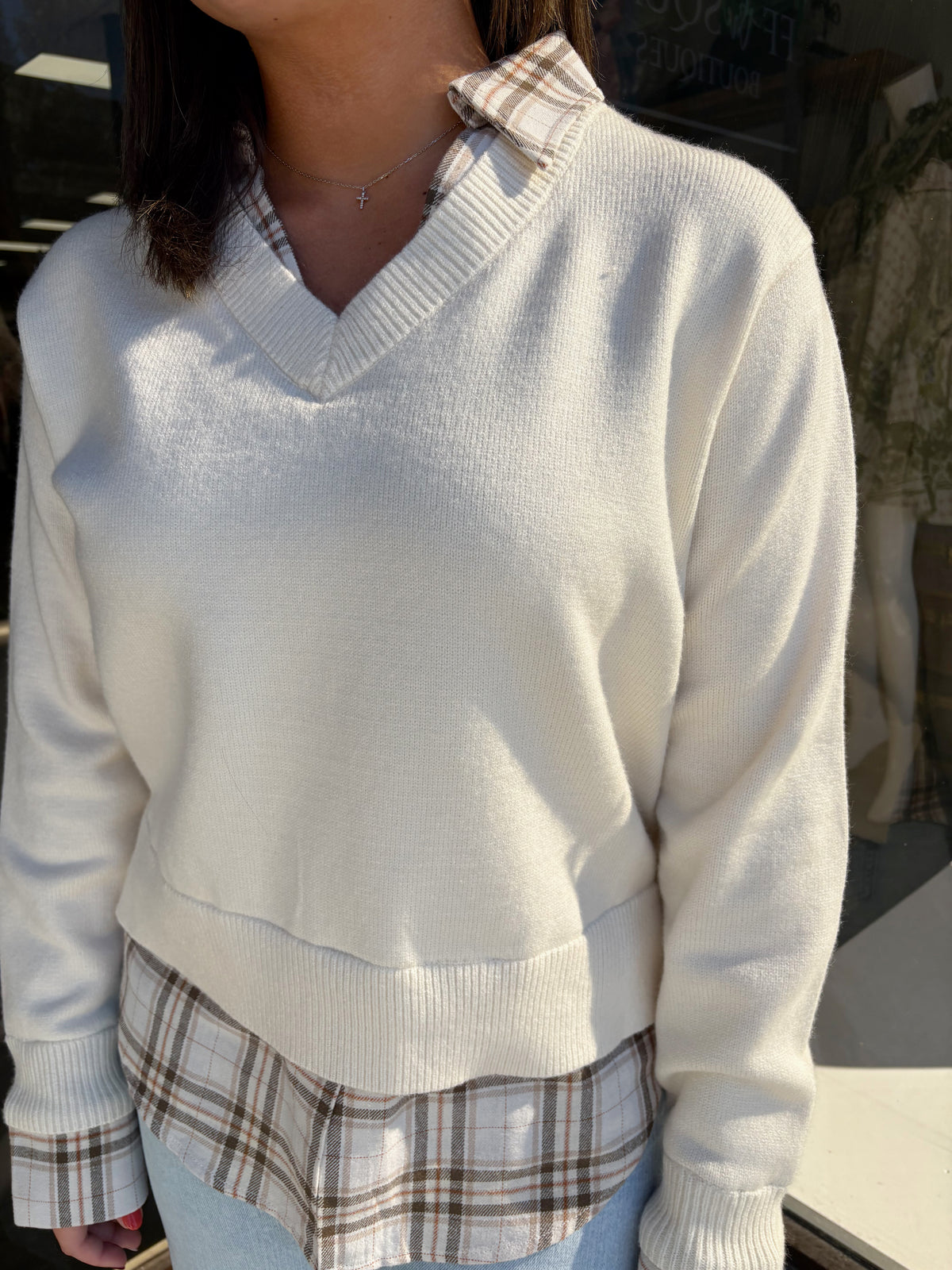 Cream Plaid Collared Sweater