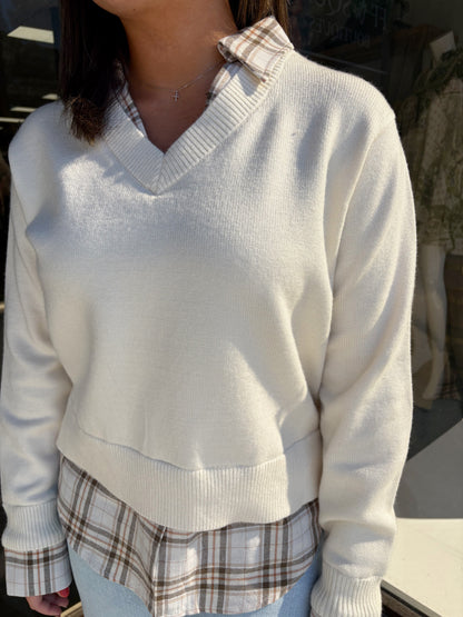Cream Plaid Collared Sweater