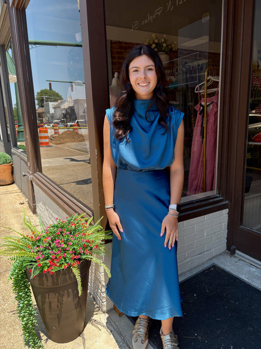 Waist Tie Cowl Neck Midi Dress