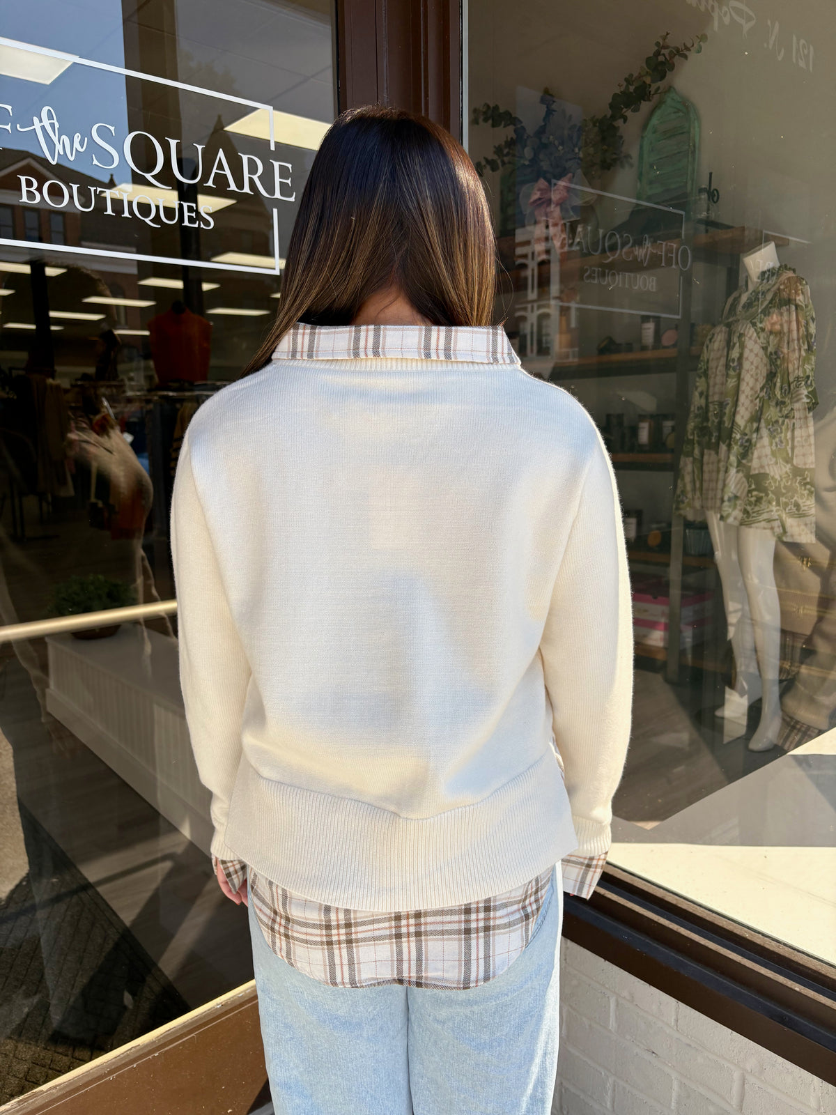 Cream Plaid Collared Sweater