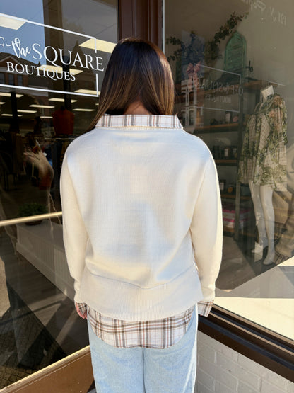 Cream Plaid Collared Sweater