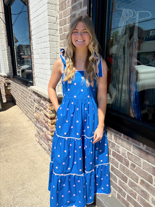 Blue Strap Dress w Pink Polkadots