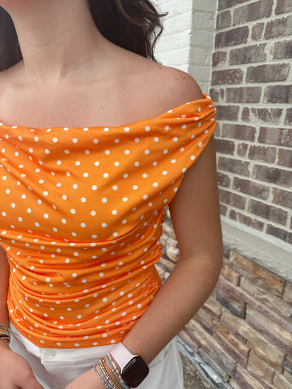 Off Shoulder Top w/ Side Ruching Polka Dot