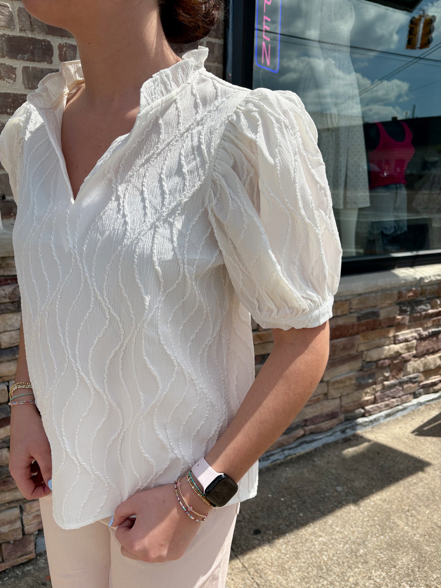 Ruffle V Neck Puff Sleeve Top