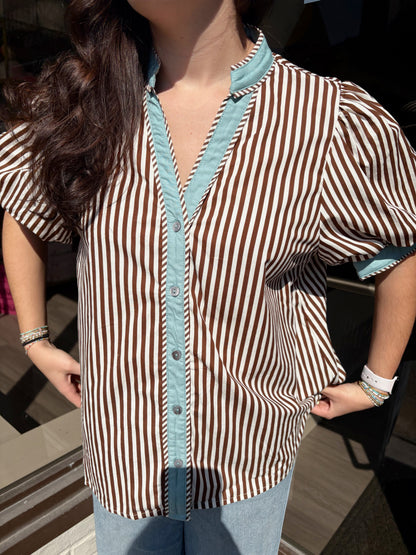Brown Stripe w Blue Trim Blouse