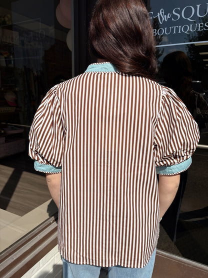 Brown Stripe w Blue Trim Blouse