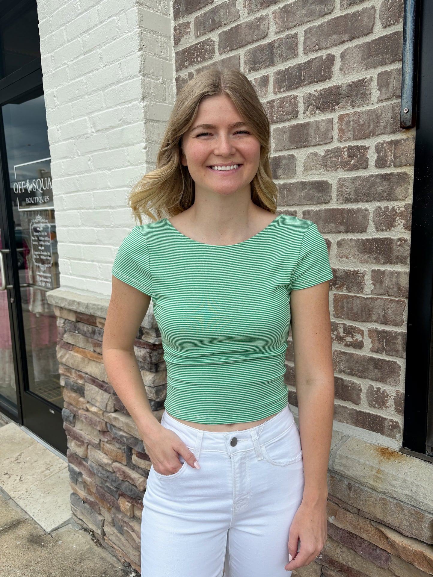 Short Sleeve Stripe Top w/ Scoop Back