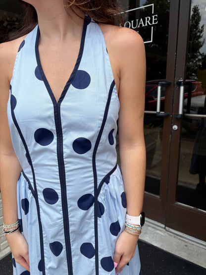 Halter Neck Blue Polka Dot Dress