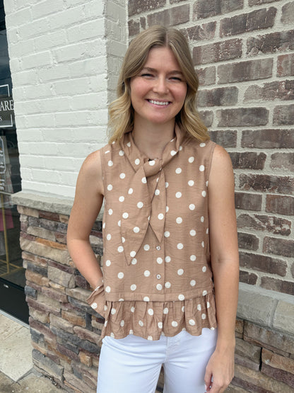 Tie Collar Polka Dot Ruffle Button Down