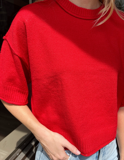 Red SS Exposed Seam Sweater Top